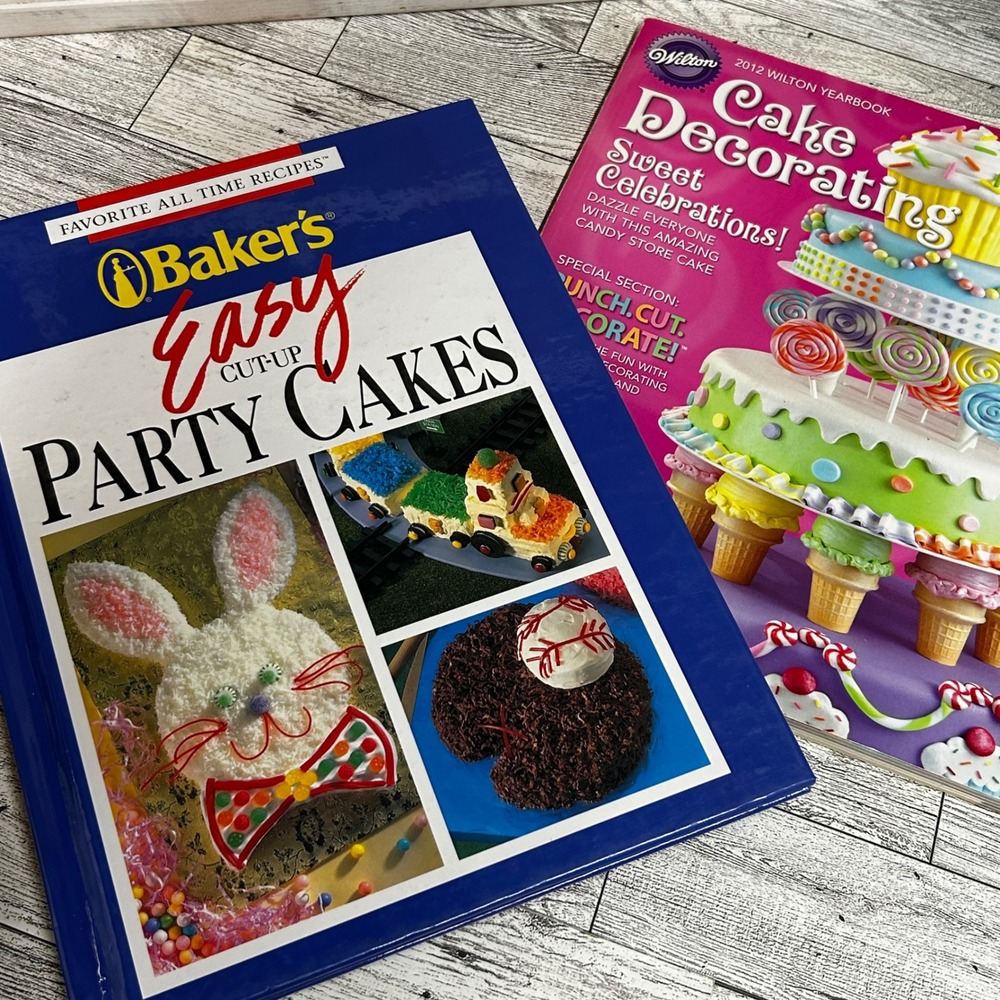 Baker's Easy Cut-Up Party Cakes 1994 & Wilton 2012 Cake Decorating Yearbook Lot